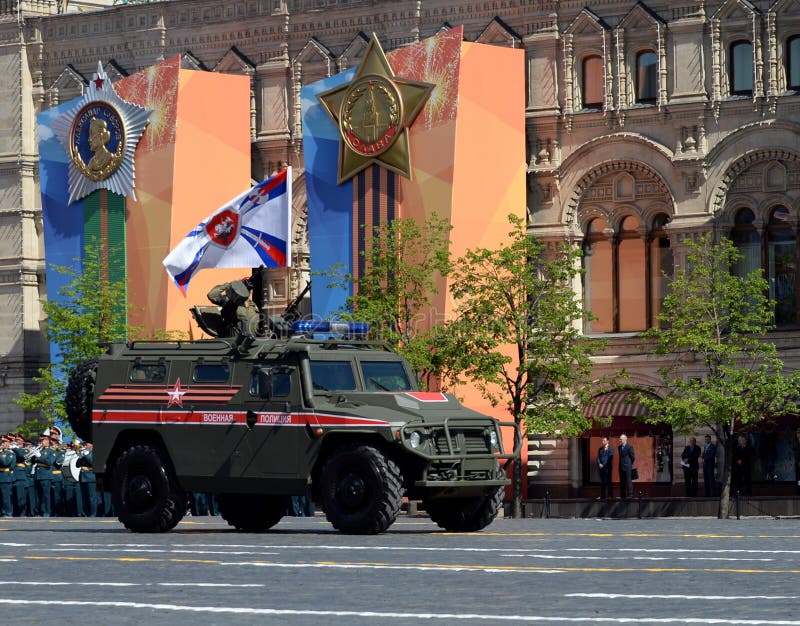 MOSCOW, RUSSIA - MAY 9, 2018: Parade in honor of Victory day in Moscow. Russian multipurpose armored car `Tiger-M` military police. MOSCOW, RUSSIA - MAY 9, 2018: Parade in honor of Victory day in Moscow. Russian multipurpose armored car `Tiger-M` military police.