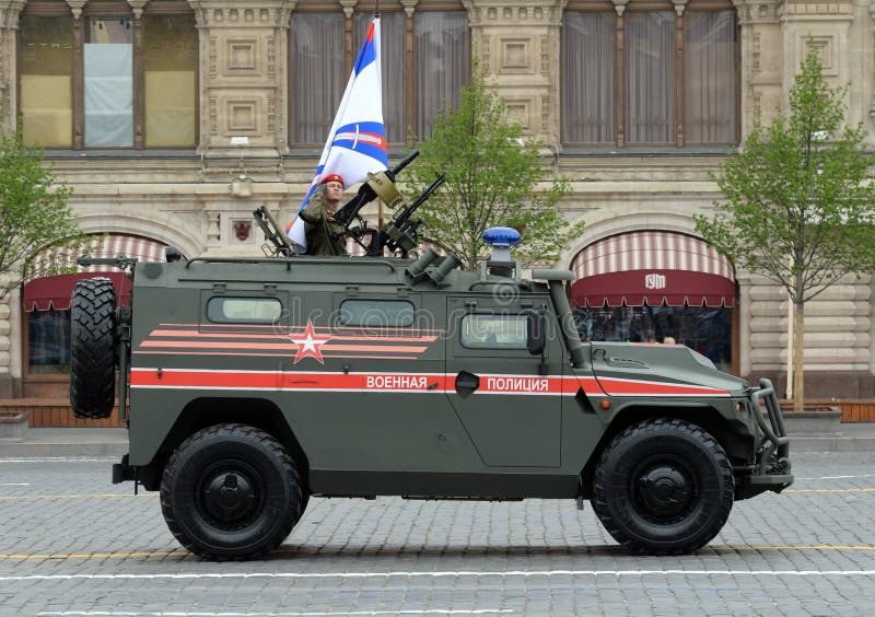 MOSCOW, RUSSIA - MAY 9, 2019: Parade in honor of Victory Day in Moscow. Russian multi-purpose armored car `Tiger-M` military police. MOSCOW, RUSSIA - MAY 9, 2019: Parade in honor of Victory Day in Moscow. Russian multi-purpose armored car `Tiger-M` military police