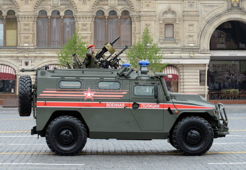 MOSCOW, RUSSIA - MAY 9, 2019: Parade in honor of Victory Day in Moscow. Russian multi-purpose armored car `Tiger-M` military police. MOSCOW, RUSSIA - MAY 9, 2019: Parade in honor of Victory Day in Moscow. Russian multi-purpose armored car `Tiger-M` military police