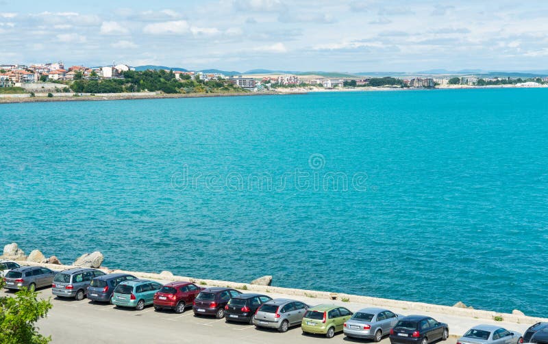 Паркующ на побережье Чёрного моря в старом Nessebar, Болгария стоковые изображения rf
