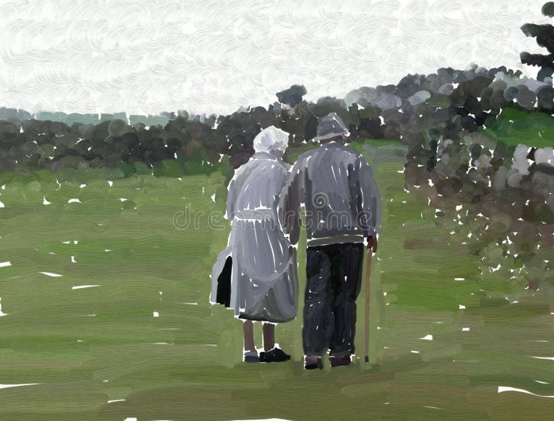This is a very rough painting of an elderly couple out walking together. This is a very rough painting of an elderly couple out walking together