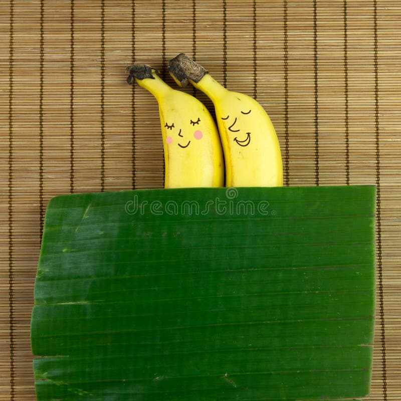 Lovely banana couple sleeping on bamboo mat with banana leaf as blanket. Lovely banana couple sleeping on bamboo mat with banana leaf as blanket