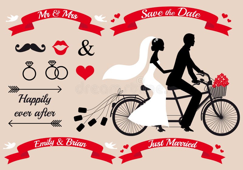 Wedding set, bride and groom on tandem bicycle, graphic design elements. Wedding set, bride and groom on tandem bicycle, graphic design elements