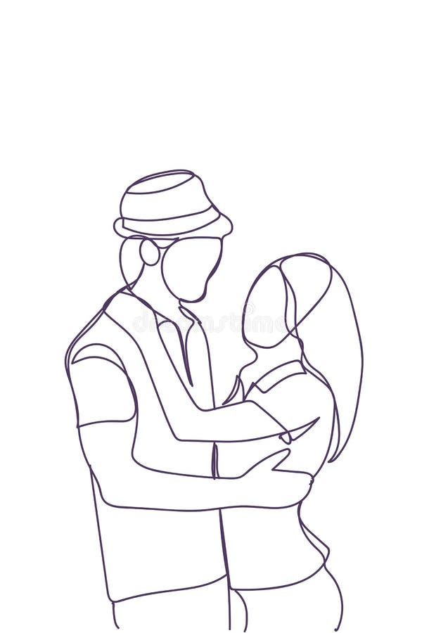 Пары силуэта обнимая смотрящ один другого, человека Doodle и объятие женщины над белой предпосылкой бесплатная иллюстрация