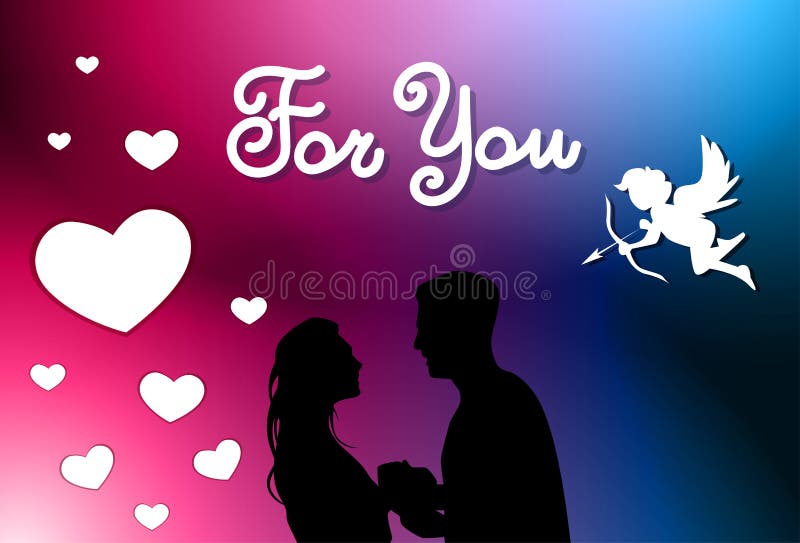Пары силуэта предпосылки дня валентинок держа руки с малым купидоном иллюстрация вектора