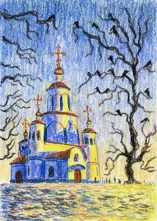 Пастельная картина на бумаге Красивая церковь, освещенная по солнцу иллюстрация штока