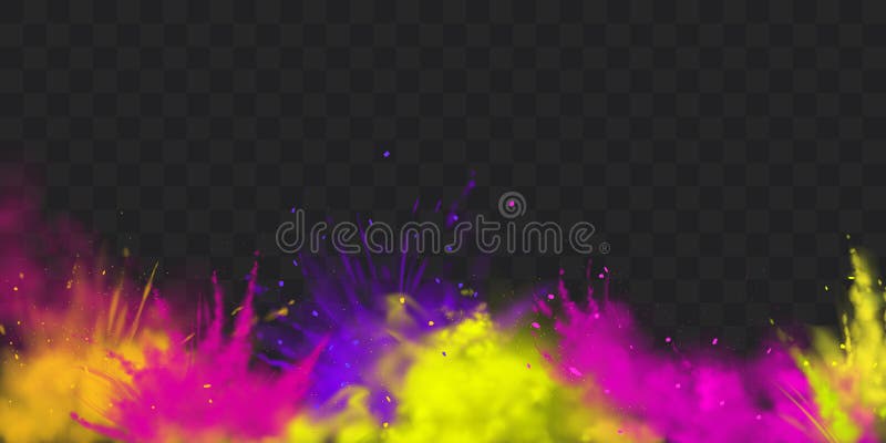 Powder Holi paints frame, border vector isolated on transparent background colorful explosion cloud, ink splash, decorative vibrant dye for festival, traditional indian holiday. Realistic illustration. Powder Holi paints frame, border vector isolated on transparent background colorful explosion cloud, ink splash, decorative vibrant dye for festival, traditional indian holiday. Realistic illustration