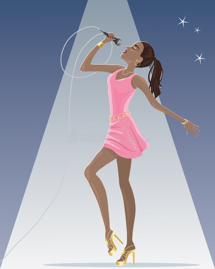An illustration of a female singer wearing a pink dress and gold jewelery with a microphone on stage under a spotlight. An illustration of a female singer wearing a pink dress and gold jewelery with a microphone on stage under a spotlight