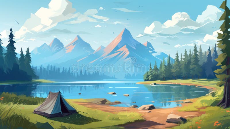пейзаж с горами и палаткой. иллюстрация. аи бесплатная иллюстрация