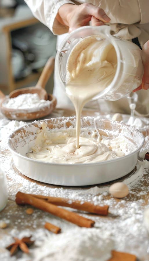Пекарь готовит торт для выпечки с мукой и корицей на деревянной столешнице стоковая фотография