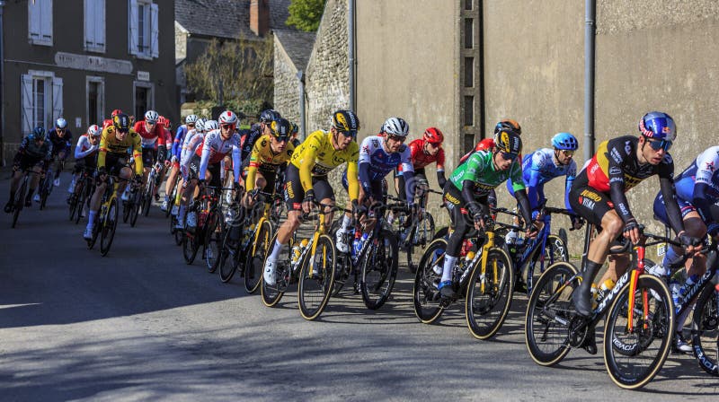 Allainville-en-Beauce, France-March 3rd, 2022: Christophe Laporte Yellow Jersey and Primoz Roglic Green Jersey and Time Trial Olympic Champion of Team Jumbo-Visma ride in the peloton during the stage 2 of Paris Nice 2022. Allainville-en-Beauce, France-March 3rd, 2022: Christophe Laporte Yellow Jersey and Primoz Roglic Green Jersey and Time Trial Olympic Champion of Team Jumbo-Visma ride in the peloton during the stage 2 of Paris Nice 2022