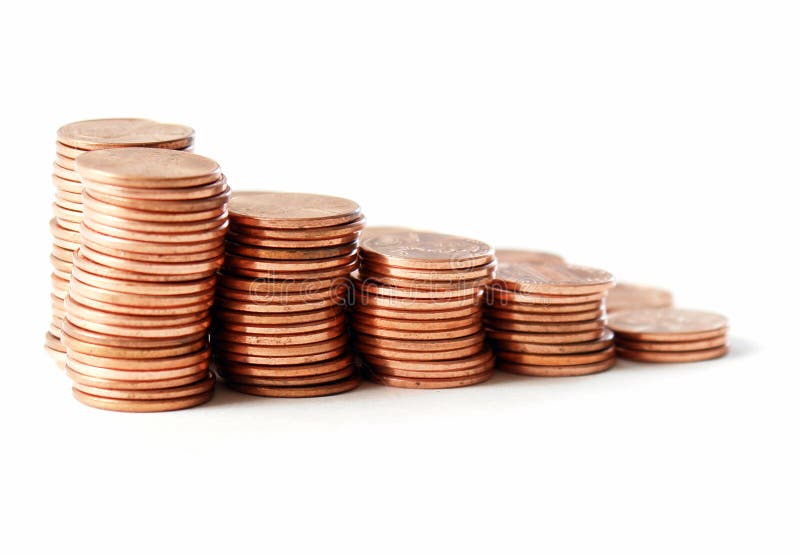 Stacks of pennies against a white background. Stacks of pennies against a white background
