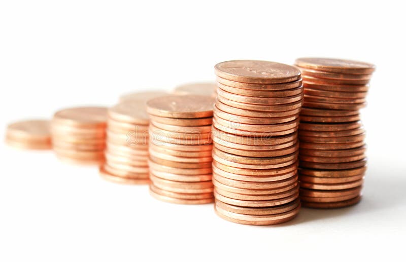 Stacks of pennies against a white background. Stacks of pennies against a white background