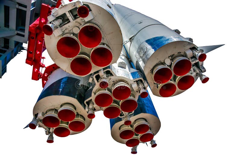 View of first stages and propulsion nozzles of Yury Gagarin's spacecraft Vostok-1 (East-1). Isolated against white background. View of first stages and propulsion nozzles of Yury Gagarin's spacecraft Vostok-1 (East-1). Isolated against white background