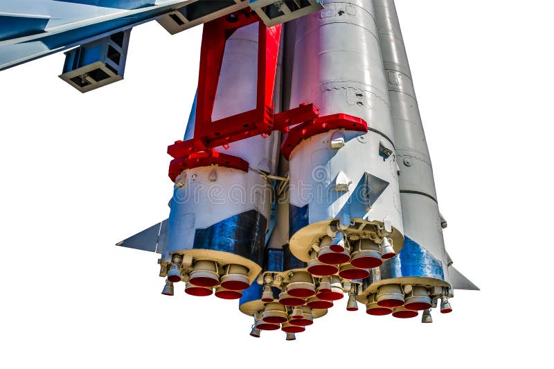 View of first stages and propulsion nozzles of Yury Gagarin's spacecraft Vostok-1 (East-1). Isolated against white background. View of first stages and propulsion nozzles of Yury Gagarin's spacecraft Vostok-1 (East-1). Isolated against white background