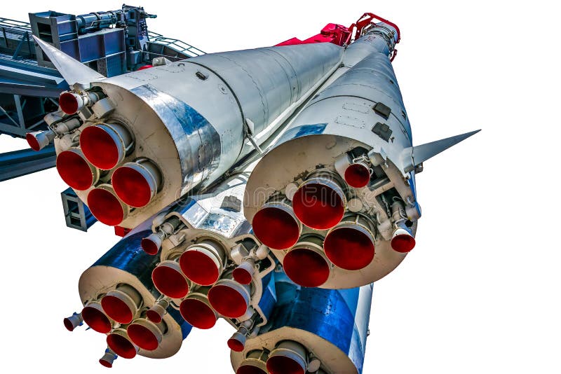 View of first stages and propulsion nozzles of Yury Gagarin's spacecraft Vostok-1 (East-1). Isolated against white background. View of first stages and propulsion nozzles of Yury Gagarin's spacecraft Vostok-1 (East-1). Isolated against white background