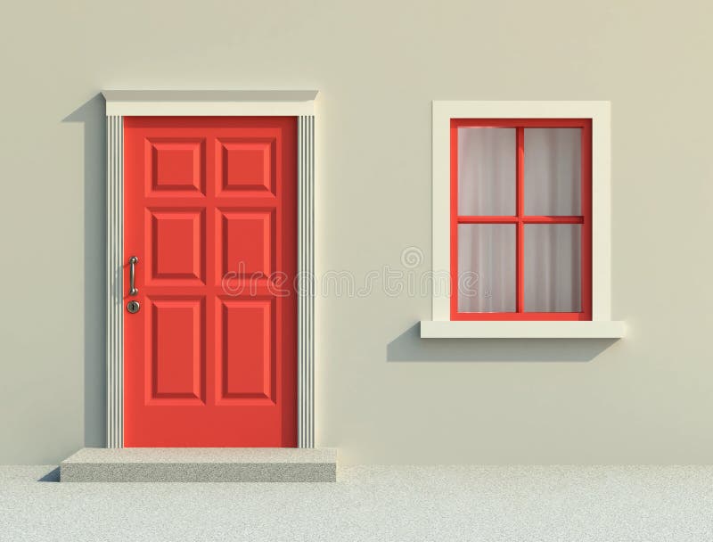 Front red door and window in sunlight. 3D rendering. Front red door and window in sunlight. 3D rendering