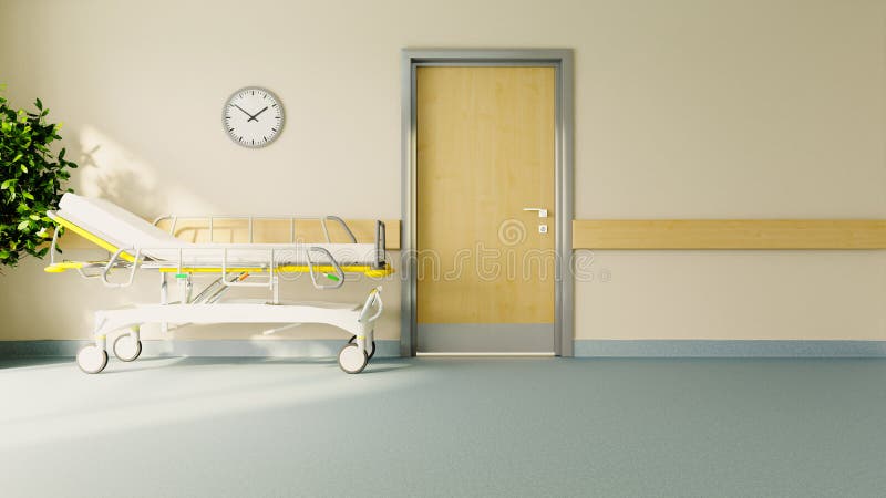 Stretcher in front of hospital room door with plant, floor and watch realistic 3D rendering. Stretcher in front of hospital room door with plant, floor and watch realistic 3D rendering