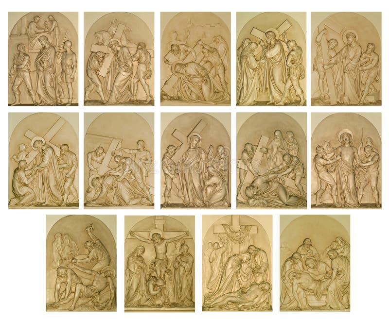 The fourteen stations of the cross. The fourteen stations of the cross