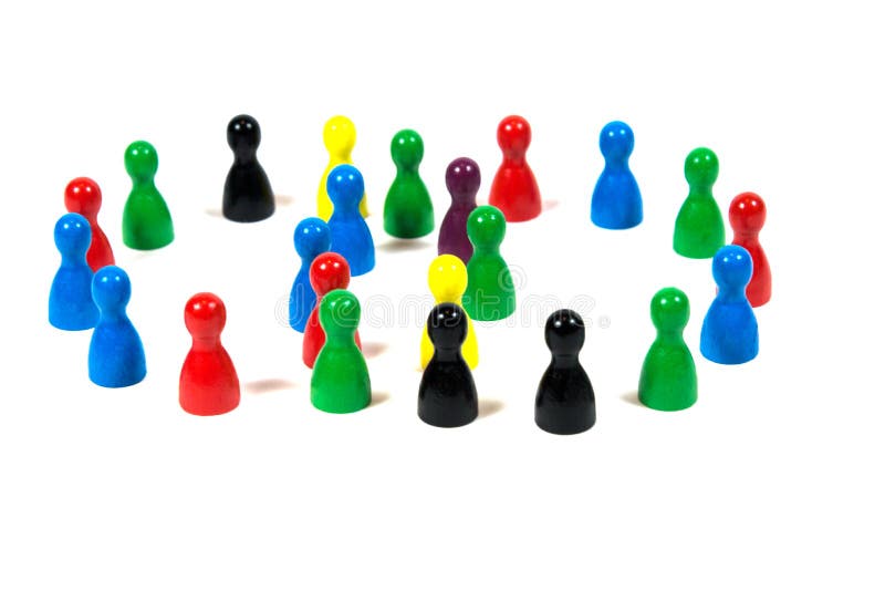 Multi-colored pawns standing in overlapping circles. Multi-colored pawns standing in overlapping circles