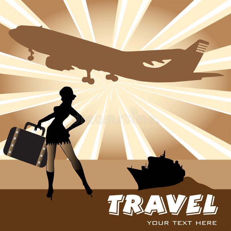 Abstract colorful illustration with ship, plane shape and attractive young girl silhouette wearing a suitcase. Abstract colorful illustration with ship, plane shape and attractive young girl silhouette wearing a suitcase