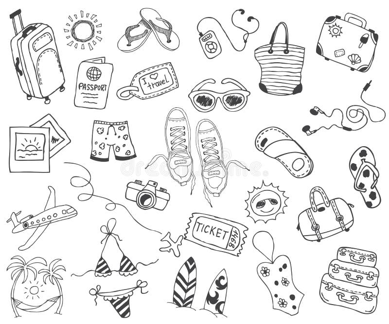 Перемещение нарисованное рукой, каникулы, перемещение, собрание значков doodle пляжа на белизне назад иллюстрация штока