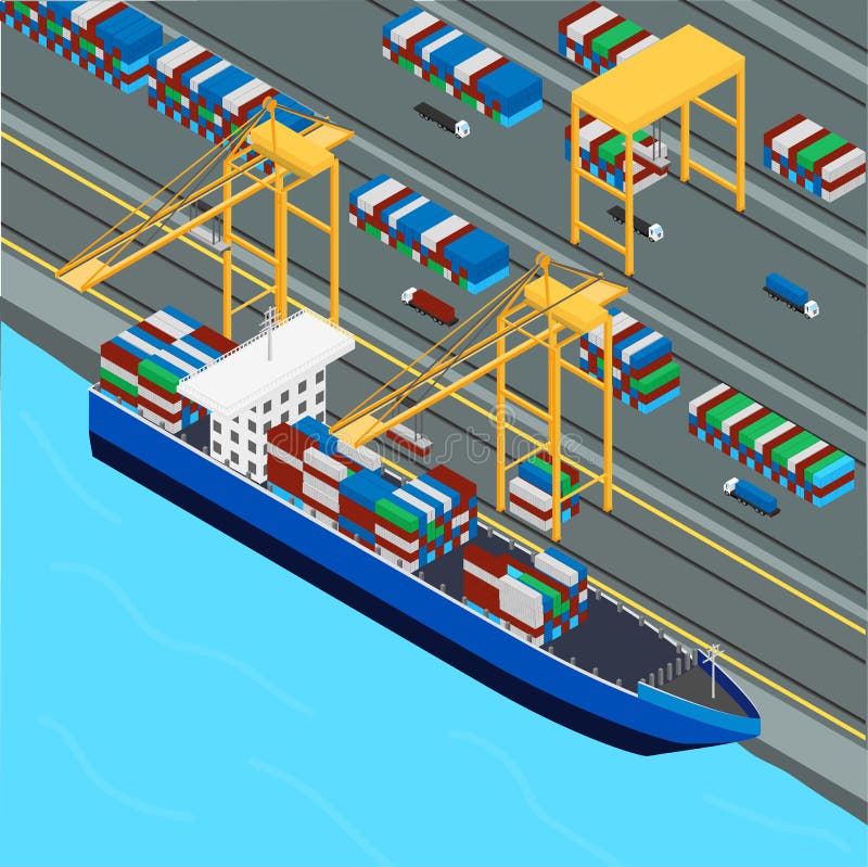 Перенесите, перенесите грузоподъемности крана контейнеры грузового корабля иллюстрация вектора