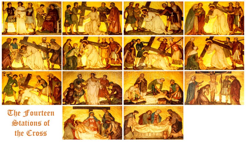 The fourteen stations of the cross. The fourteen stations of the cross.