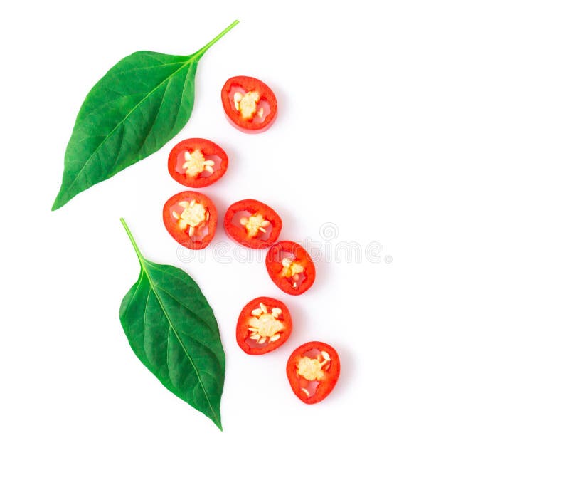 Перец красного chili взгляд сверху крупного плана отрезанный с зелеными лист на whit стоковые изображения Перец красного chili взгляд сверху крупного плана отрезанный с зелеными лист на whit стоковые изображения