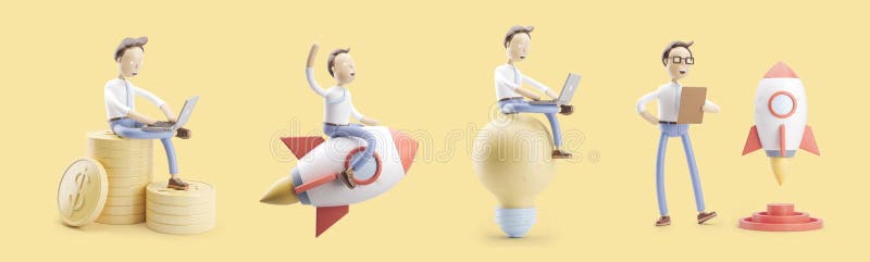 Персонаж из мультфильма летает на ракету в космос Комплект иллюстраций 3d концепция запуска ind творческих способностей бесплатная иллюстрация Персонаж из мультфильма летает на ракету в космос Комплект иллюстраций 3d концепция запуска ind творческих способностей бесплатная иллюстрация