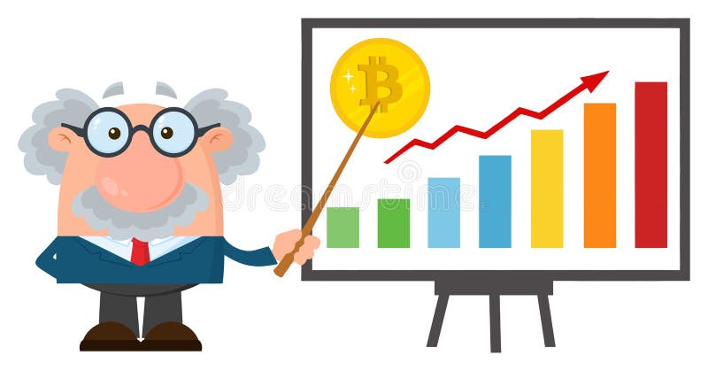 Персонаж из мультфильма профессора или ученого с указателем обсуждая рост Bitcoin с столбчатой диаграммой бесплатная иллюстрация