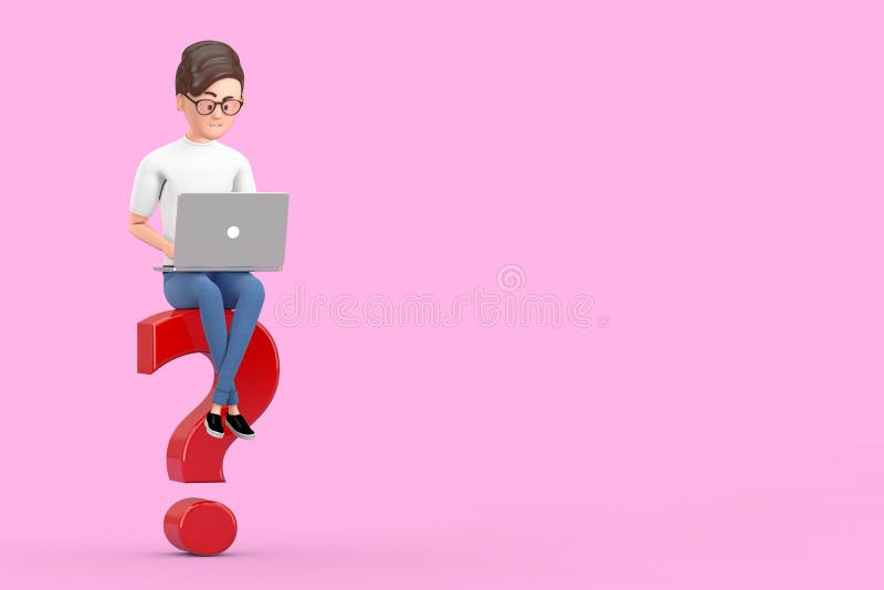 персонаж мультфильма бизнесмен с ноутбуком, работающий над красным вопросительным знаком 3d иллюстрация штока