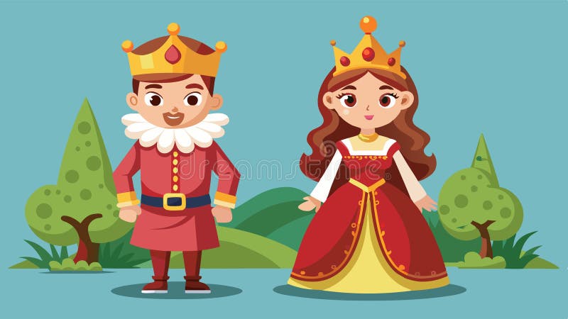 персонаж мультфильма средневековья. векторная иллюстрация королевы в красном платье и золотой короне и крестьянской девушки в бедн бесплатная иллюстрация
