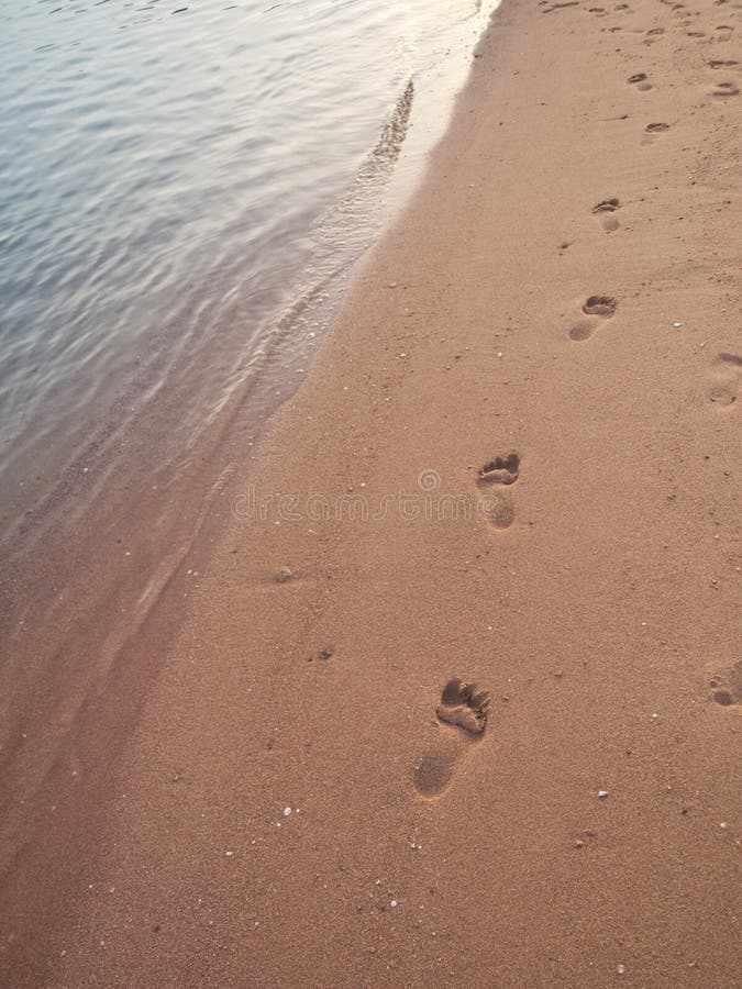 Footprints in sand with sea and gentle tide. Footprints in sand with sea and gentle tide
