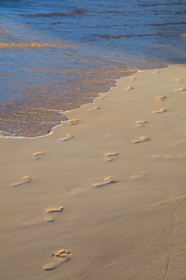 Two sets of footprints in the sand on a beach in Hawaii in the late afternoon. Two sets of footprints in the sand on a beach in Hawaii in the late afternoon