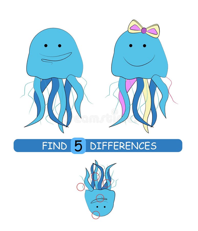 Find Differences, Game For Children (jellyfish And Background) Stock