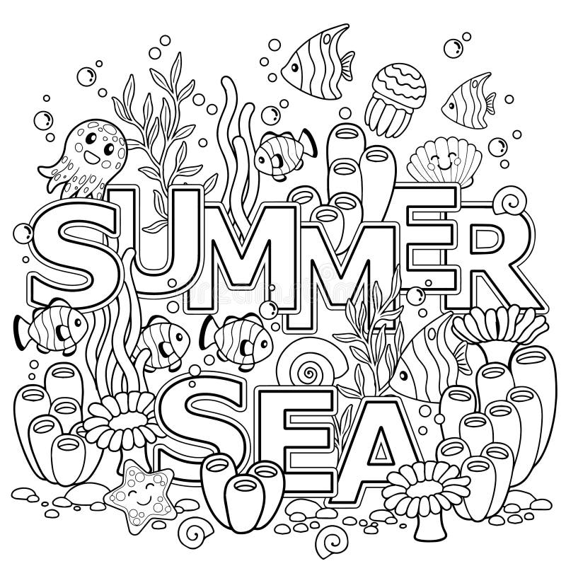Hand drawn coloring book for adult. Summer holidays, party and rest. Coloring book for adults for meditation and relax. Summer sea stock illustration Hand drawn coloring book for adult. Summer holidays, party and rest. Coloring book for adults for meditation and relax. Summer sea stock illustration
