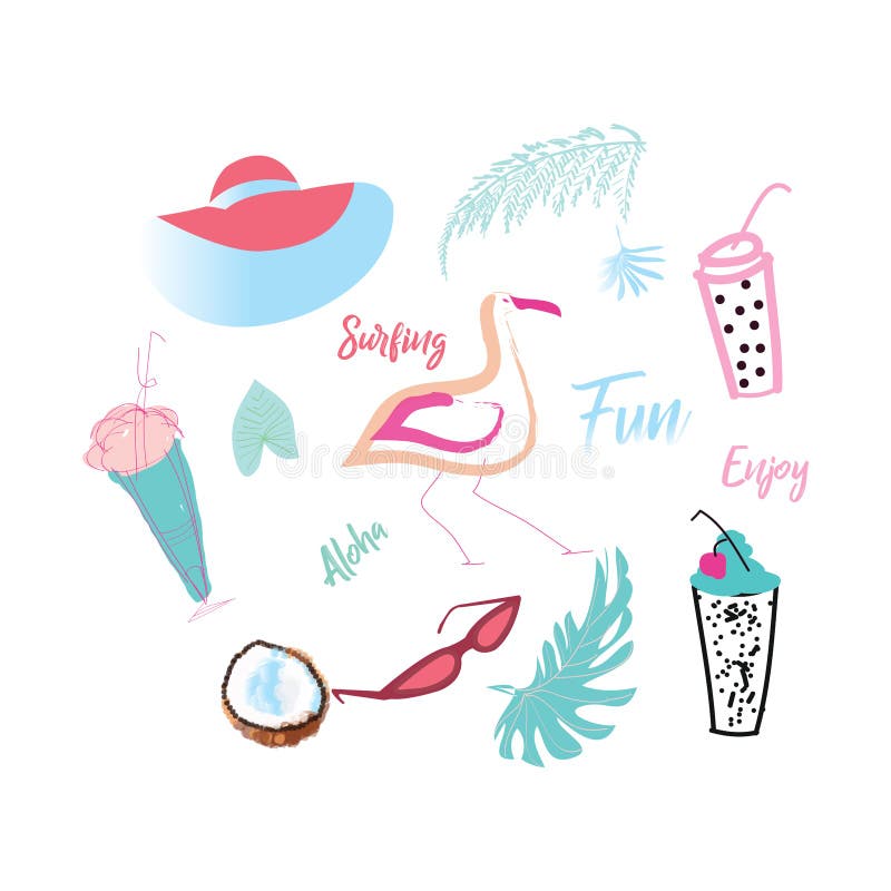 Bright summer banner. Juicy colors. Summer composition with an hat, sun glasses, palm, ice creams. Isolated objects royalty free illustration Bright summer banner. Juicy colors. Summer composition with an hat, sun glasses, palm, ice creams. Isolated objects royalty free illustration