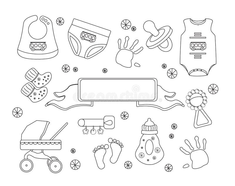 Cute set of baby shower celebration and decoration. It.s a boy. stock illustration Cute set of baby shower celebration and decoration. It.s a boy. stock illustration