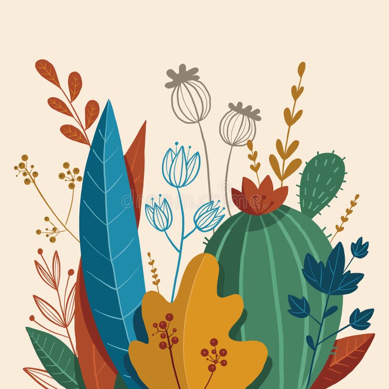 Beautiful composition of plants, leaves and flowers vector illustration