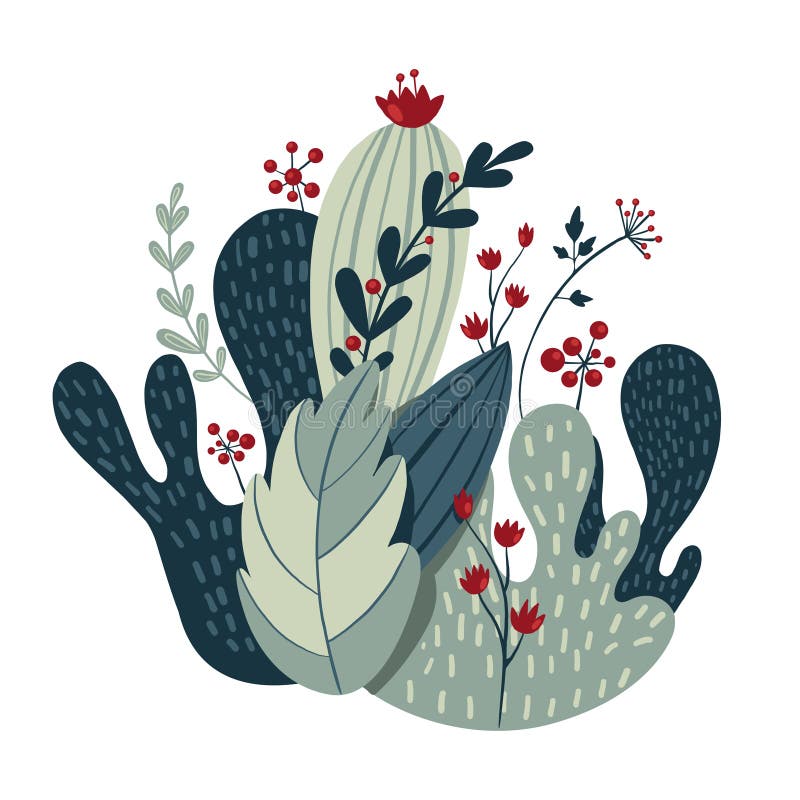 Beautiful composition of plants, leaves and flowers stock illustration