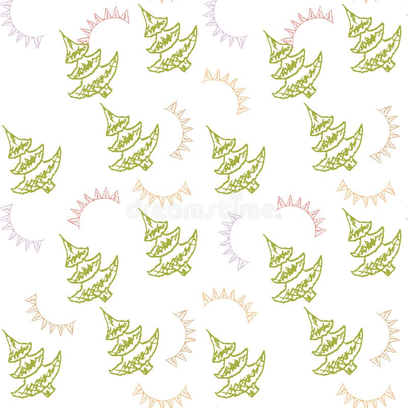Fir tree endless pattern. Green Christmas tree, red violet flag on white art design elements stock vector illustration for web, for print, for wallpaper, for wrapping paper
