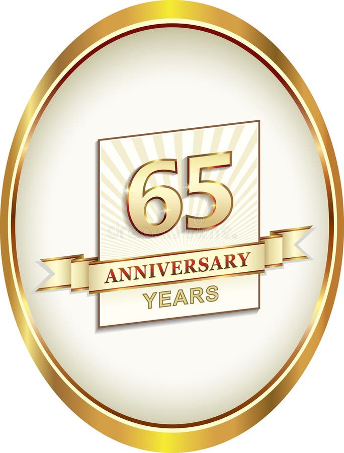 65th years anniversary vector design card with number in gold oval with ribbon vector illustration