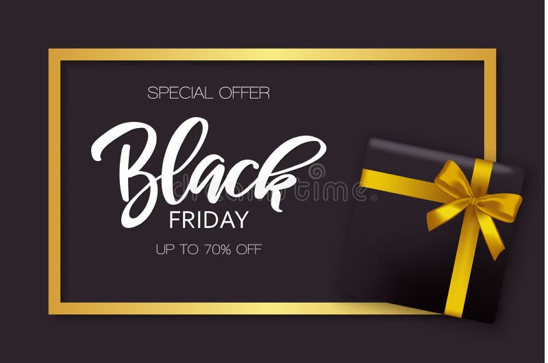 Black Friday sale inscription design template. Vector lettering illustration with presents. Discount offer presentation. royalty free illustration.