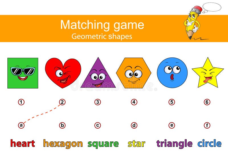 Connect geometric figures and their titles. Learn geometric shapes. Educational game for kids. Matching game. Square, heart, trian vector illustration