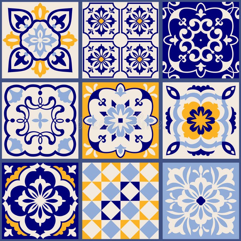Collection of 9 ceramic tiles in turkish style. Seamless colorful patchwork. Endless pattern can be used for ceramic tile stock illustration