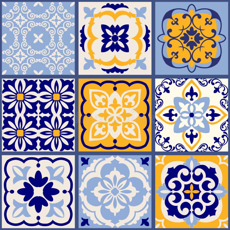 Collection of 9 ceramic tiles in turkish style. Seamless colorful patchwork. Endless pattern can be used for ceramic tile royalty free illustration