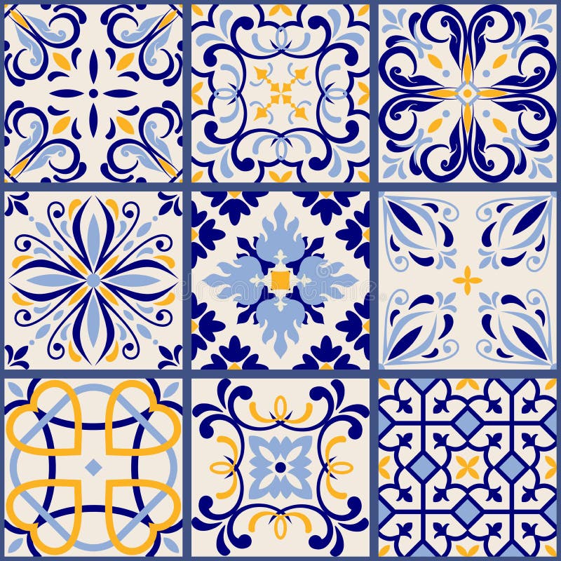 Collection of 9 ceramic tiles in turkish style. Seamless colorful patchwork. Endless pattern can be used for ceramic tile vector illustration