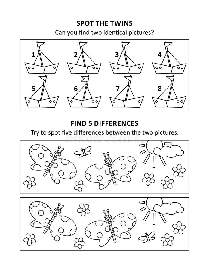 Activity sheet for kids with two visual puzzles, also can be used as coloring page, printable, fit Letter or A4 paper. Activity sheet for kids with two visual puzzles, also can be used as coloring page, printable, fit Letter or A4 paper.