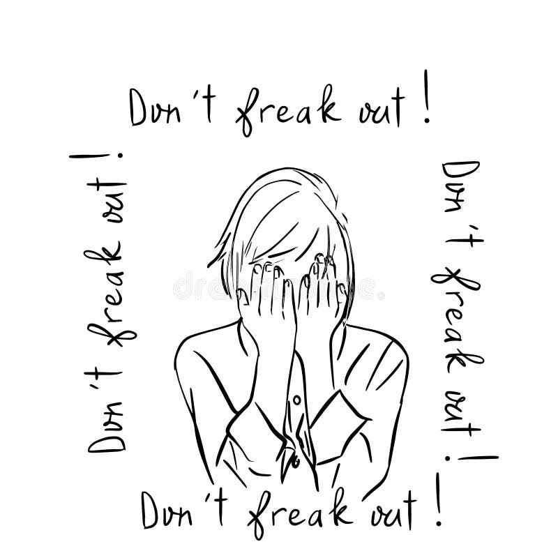 Hand drawn portrait of child with close eyes with palms and illustrated lettering quote - don’t freak out. royalty free illustration